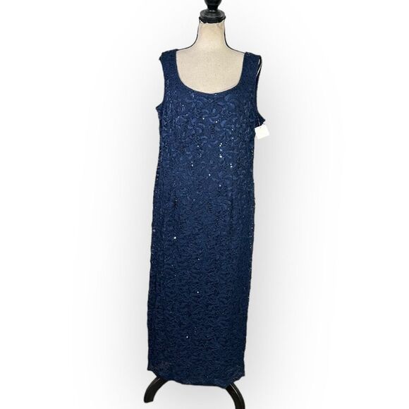 Alex Evenings Lace Cocktail Dress Women's Plus 14W Blue Sleeveless Midi NWT - Picture 3 of 11